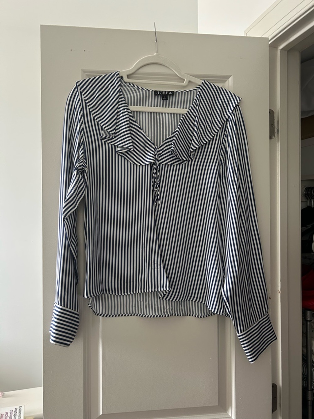 J. Crew Blue and White Striped Ruffle-Neck Blouse, size medium